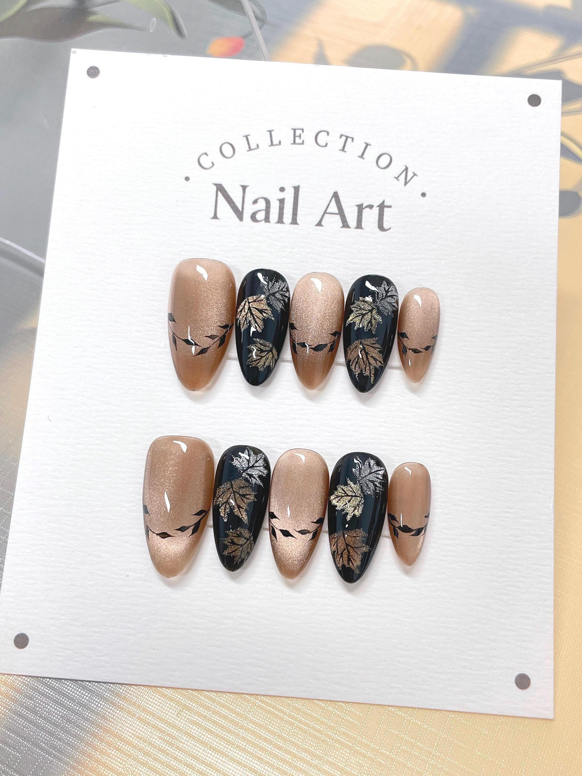 Hand Painted Fall Maple Leaf Press On Nails: Cat Eye Reusable Faux Nails