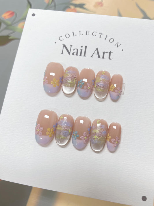 Hand Painted Flower Press On Nails: French Tip Reusable Faux Nails