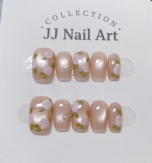 Handmade Pink Roses Cat Eye Press On Nails: Reusable Nail Set
