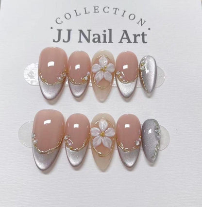 3D Flowers Cat Eye Press On Nails: Custom Shape Reusable Set