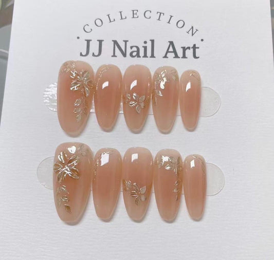 Golden Petals Press On Nails: Custom Shape Reusable Set