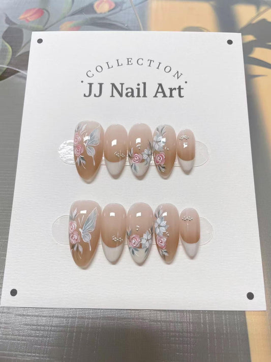 French Tip Flowers Butterfly Press On Nails: Hand Painted Reusable Fake Nails