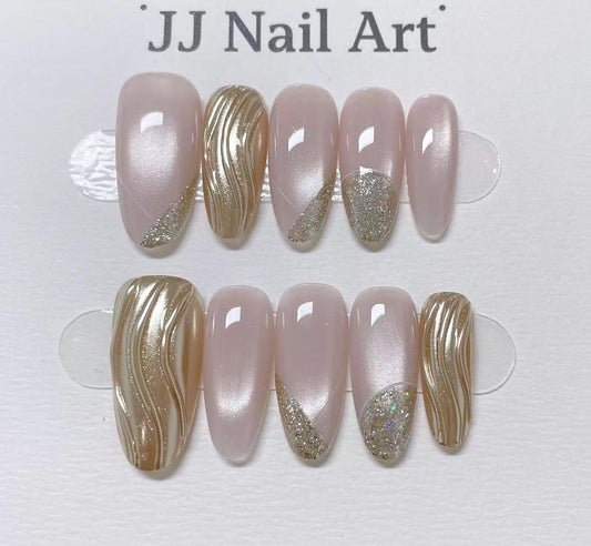 Custom Shape Hand Painted Press On Nails: Cat Eye French Glitters Reusable Nail Set
