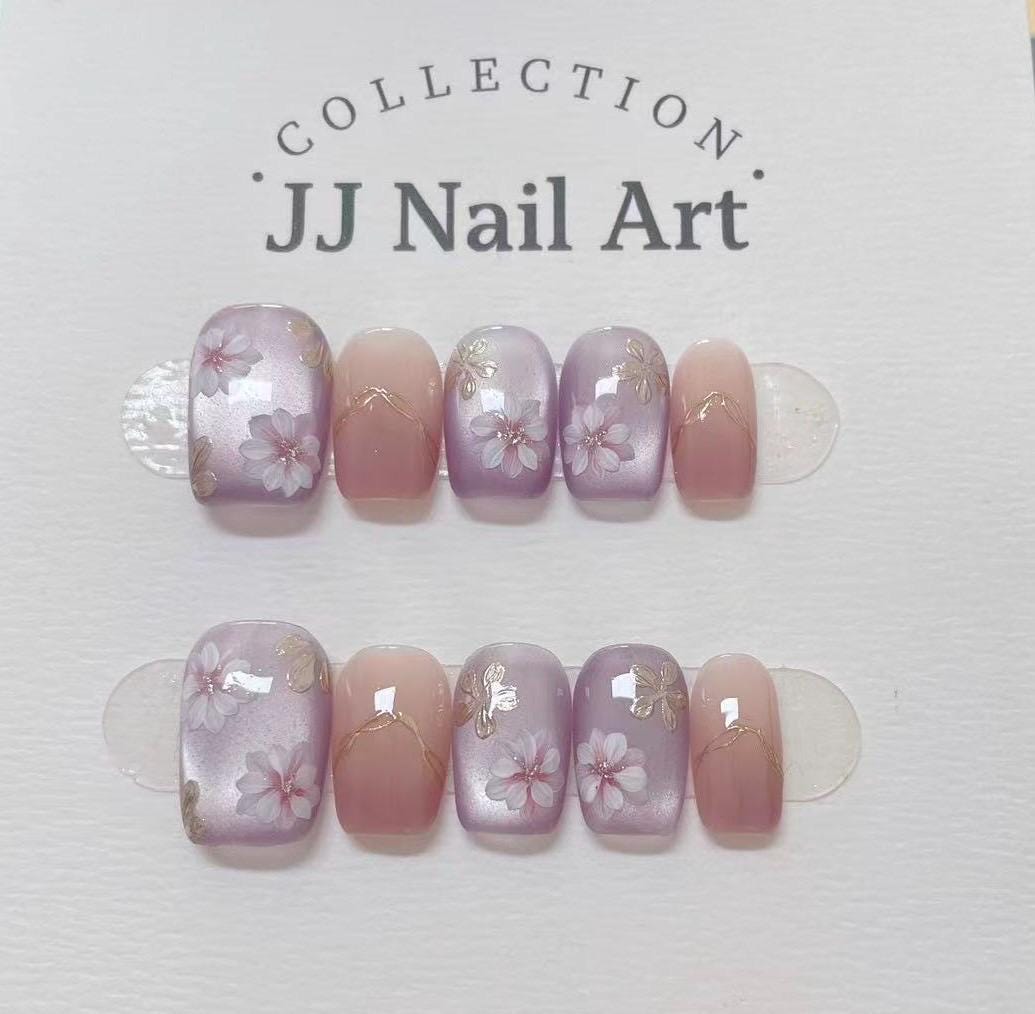 Handmade Purple Petals Cat Eye Press On Nails: Reusable Set