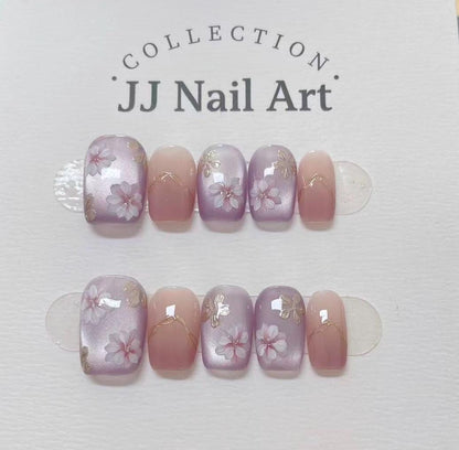 Handmade Purple Petals Cat Eye Press On Nails: Reusable Set