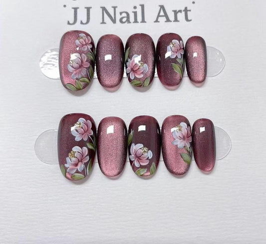 Hand Painted Flower Press On Nails: Cat Eye Reusable Nail Set