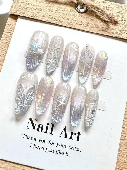 Hand Painted Sealife Press On Nails: Shimmering Artist Faux Nails