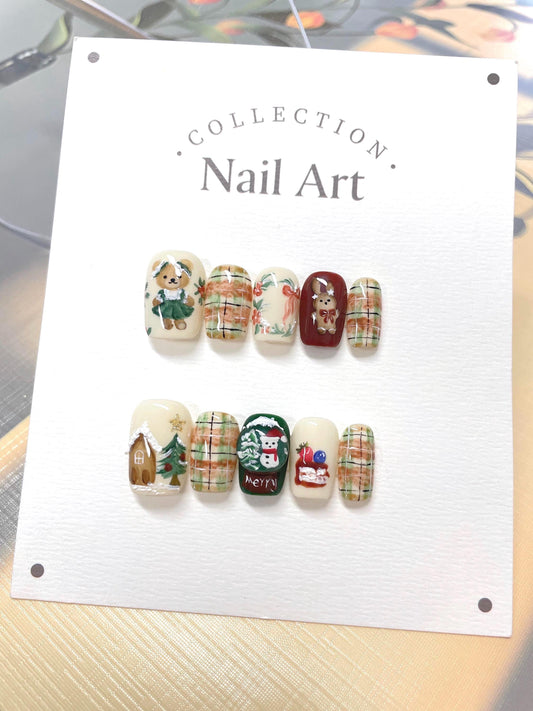 Christmas Bear Press On Nails: Hand Painted Reusable Faux Nails