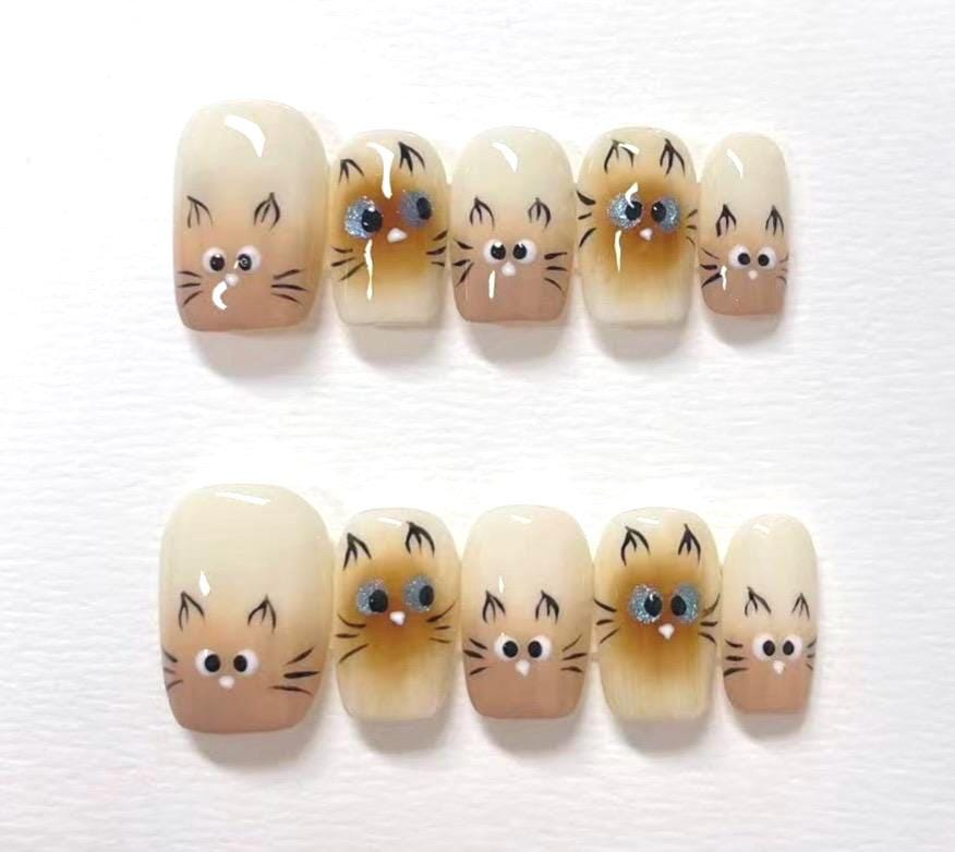 Handmade Kitty Press On Nails - Reusable Faux Nails