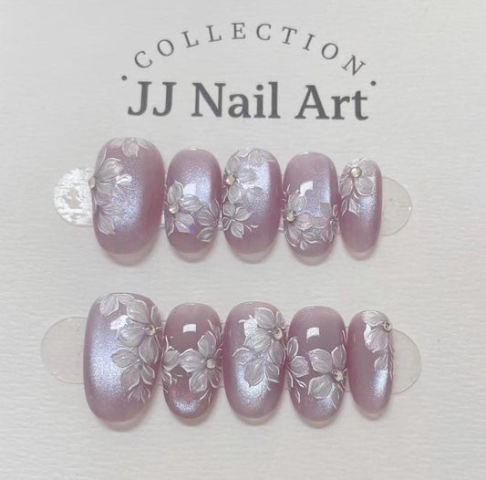 Handmade White Petals Light Purple Cat Eye Press On Nails: Custom Shape Reusable Set
