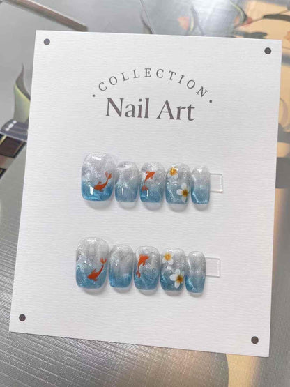 Handmade Fish & Flowers Press On Nails: Reusable Gel Faux Nails