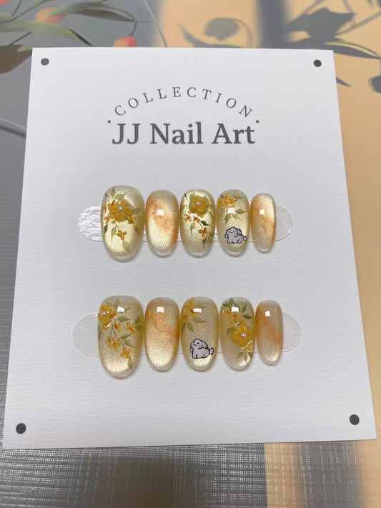 Hand Painted Press On Nails: Yellow Petals Bunny Cat Eye Reusable False Nails