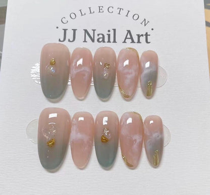Green Ombre Smudge Press On Nails: Custom Shape Reusable Set