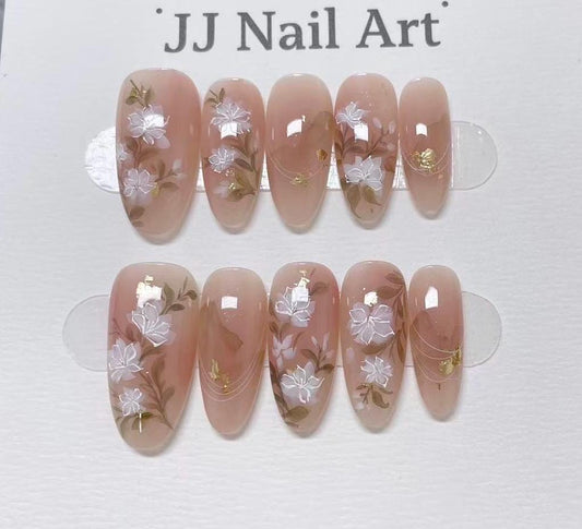 Hand-Painted Floral Press On Nails: Reusable Custom Shape Set