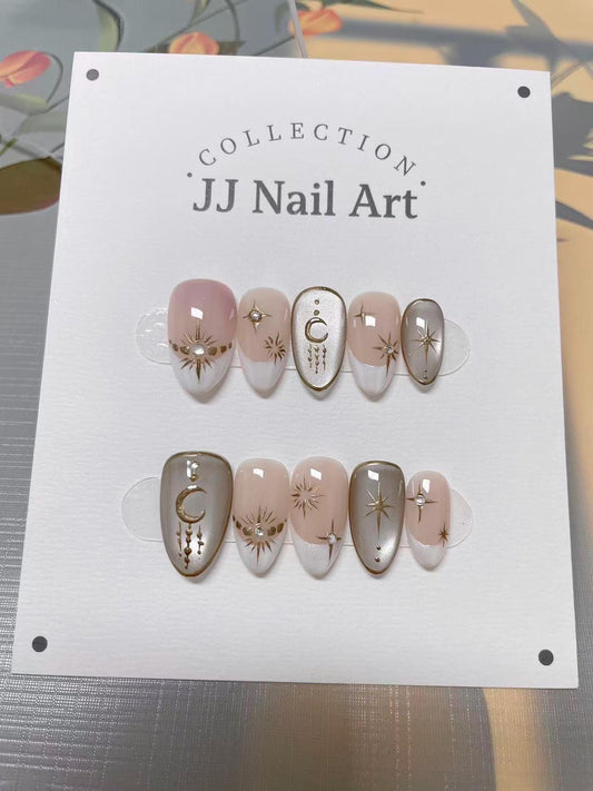 French Tips Cat Eye Press On Nails: Hand Painted Reusable Fake Nails