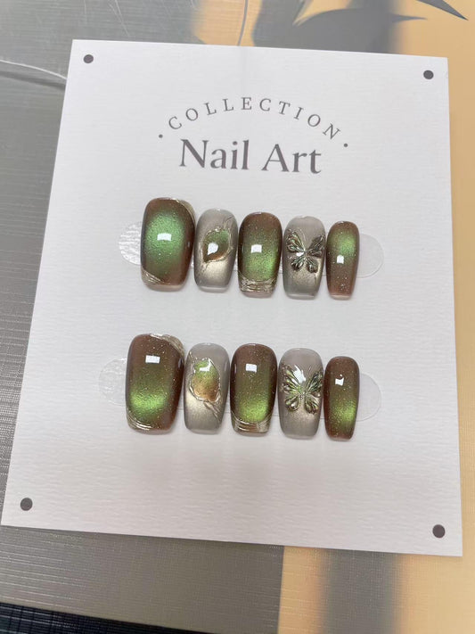 Green Cat Eye Press On Nails: Butterfly Hand Painted Faux Nails