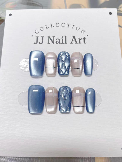 Blue Pattern Cat Eye Press On Nails: Custom Shape Reusable Nail Set