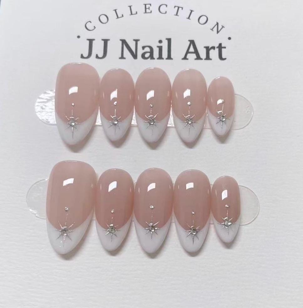 White French Handmade Press On Nails: Reusable Custom Shape Set