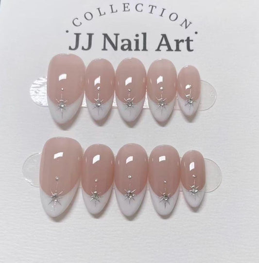 White French Handmade Press On Nails: Reusable Custom Shape Set