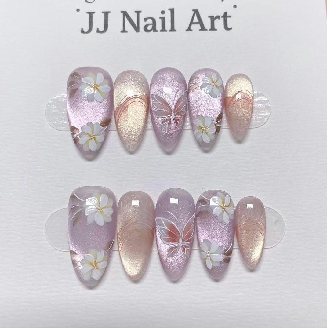 White Petals Butterfly Hand Painted Press On Nails: Custom Shape Reusable Nail Set