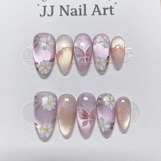 White Petals Butterfly Hand Painted Press On Nails: Custom Shape Reusable Nail Set