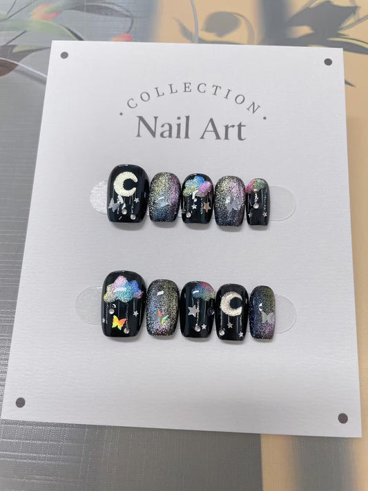 Hand Painted Rainbow Cloud Press On Nails: Reusable Artist Faux Nails