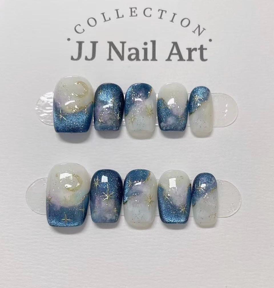 Handmade Blue Sky Cat Eye Press On Nails: Reusable Set
