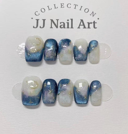 Handmade Blue Sky Cat Eye Press On Nails: Reusable Set