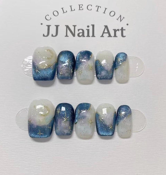 Handmade Blue Sky Cat Eye Press On Nails: Reusable Set