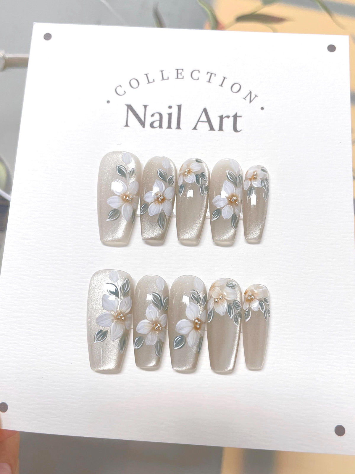 Hand Painted Cat Eye Floral Press On Nails: Reusable Artist Faux Nails