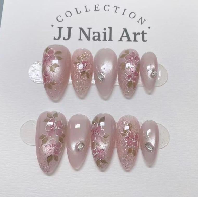 Handmade Pink Flowers Cat Eye Press On Nails: Reusable Set