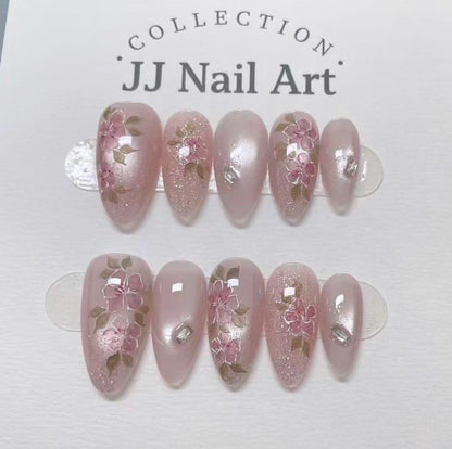 Handmade Pink Flowers Cat Eye Press On Nails: Reusable Set