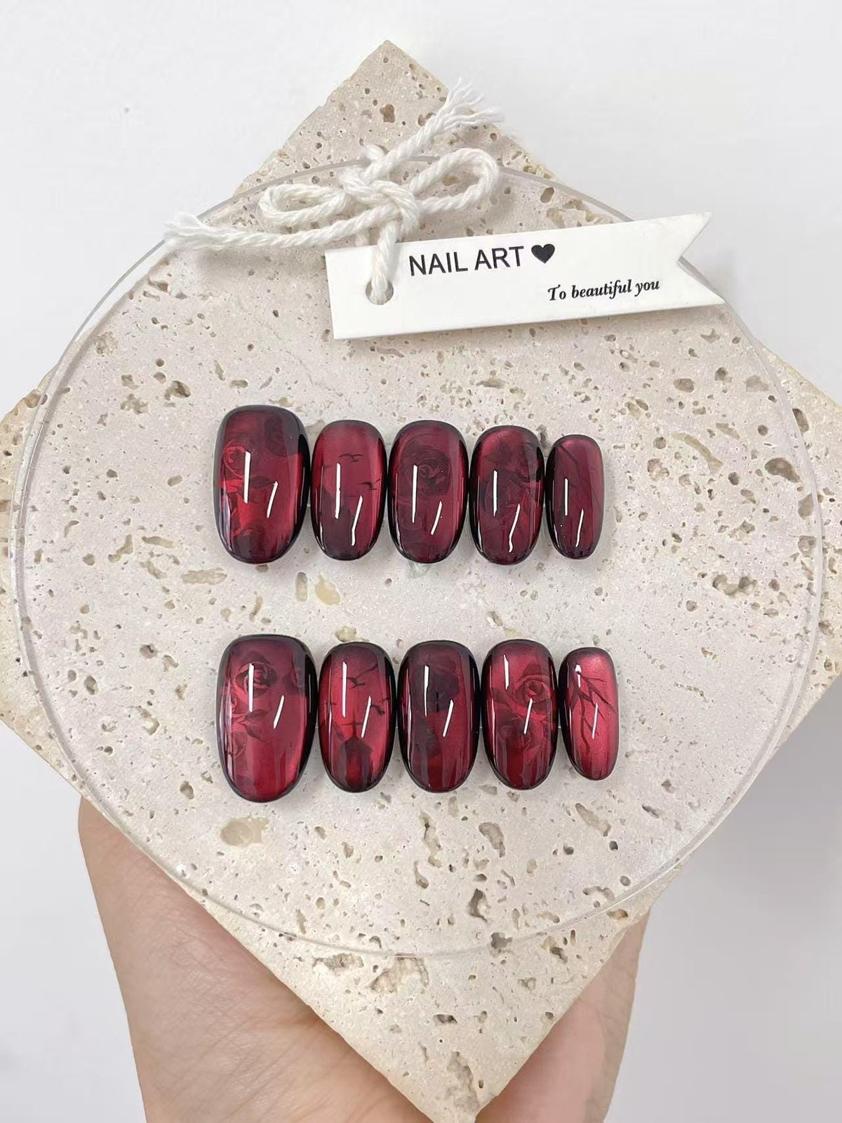 Hand Painted Red Roses Press On Nails: Reusable Artist Faux Nails