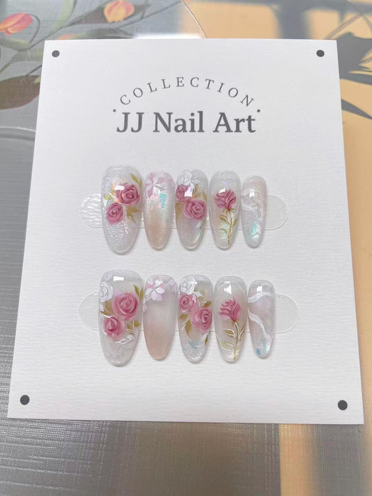 Hand Painted Pink Roses Press On Nails: Reusable Artist Faux Nails