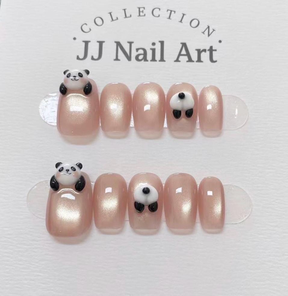 Handmade 3D Panda Cat Eye Press On Nails: Reusable Set