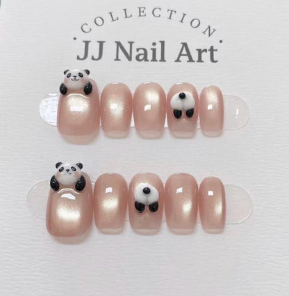 Handmade 3D Panda Cat Eye Press On Nails: Reusable Set