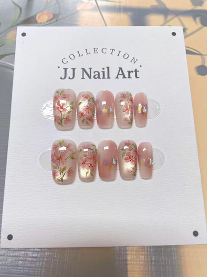 Spring Flowers Hand Painted Press On Nails: Custom Shape Reusable Nail Set