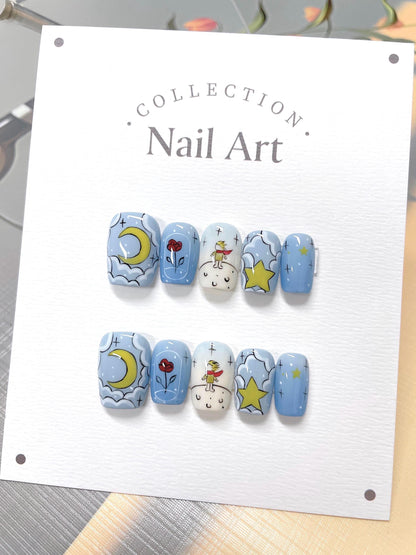 Hand Painted Cartoon Press On Nails: Reusable Artist Faux Nails