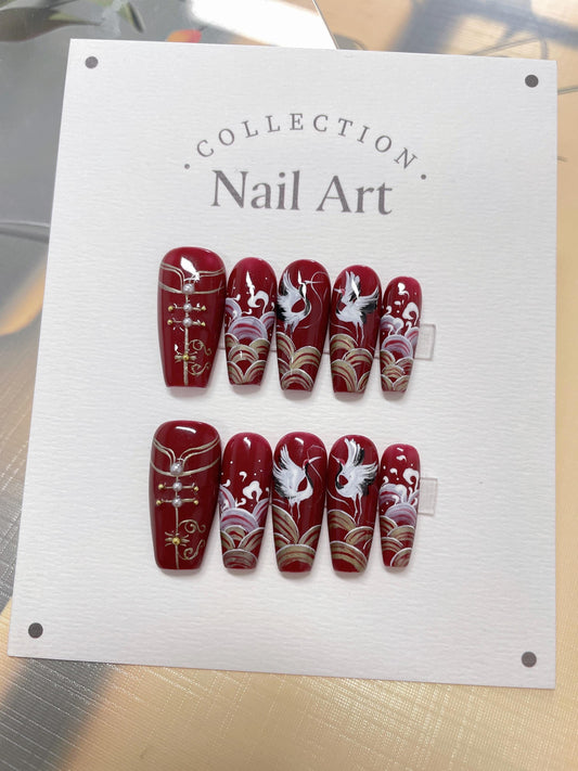 Hand Painted Crane Press On Nails: Red Faux Nail Set