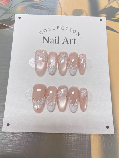 Hand Painted French Cat Eye Press On Nails: Elegant Petal Design