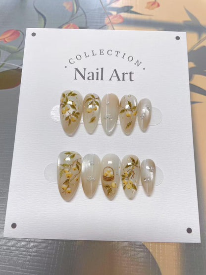 Hand Painted Press On Nails: Fruitful Season Gem Faux Nails