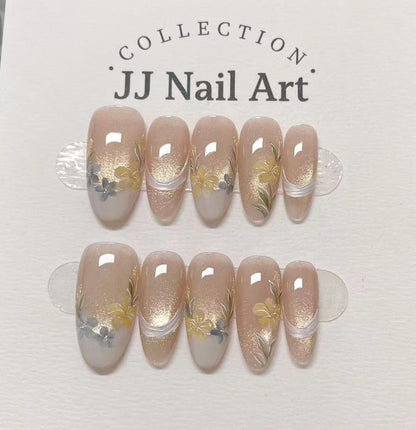 Handmade Yellow Floral French Cat Eye Press On Nails: Reusable Set