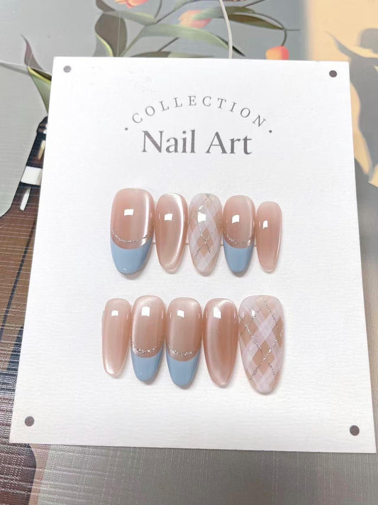 Hand Painted Blue Cat Eye Press On Nails with Pearls