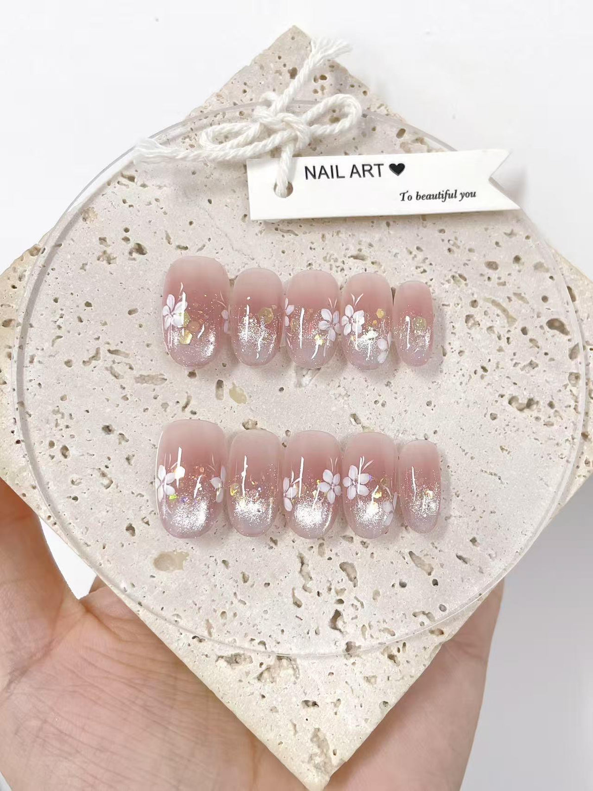 Hand Painted Press On Nails, Ombre Flower Tips, Reusable Faux Nails
