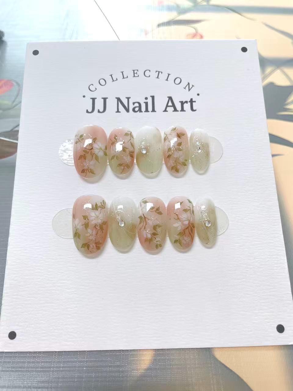 Handmade Pink Green Ombré Flowers Press On Nails: Reusable Nail Set