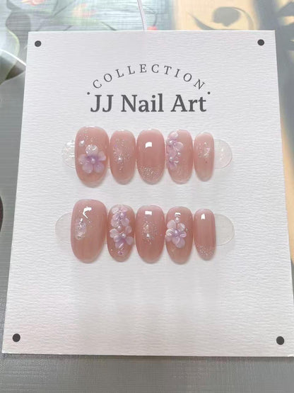 Handmade 3D Pink Petals Glitters Press On Nails: Reusable Nail Set