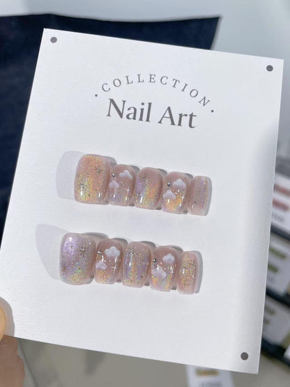 Hand Painted Cloud Press On Nails: Reusable Artist Faux Nails