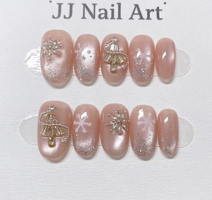Snow Flakes Cat Eye Press On Nails: Custom Shape Reusable Nail Set