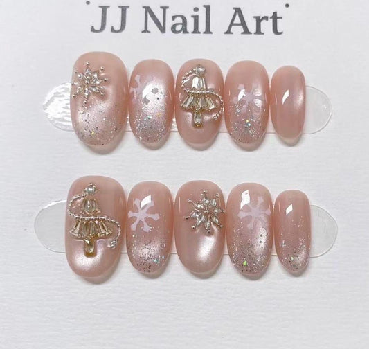 Snow Flakes Cat Eye Press On Nails: Custom Shape Reusable Nail Set