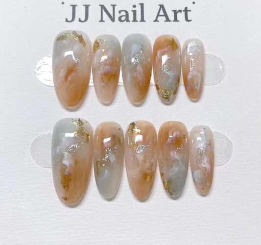 Smudge Light Brown Hand Painted Press On Nails: Custom Shape Reusable Nail Set
